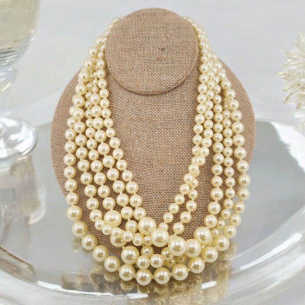 J Crew Multi Strand Pearl Necklace 20" Hand Knotted Chunky Coastal Grandmother